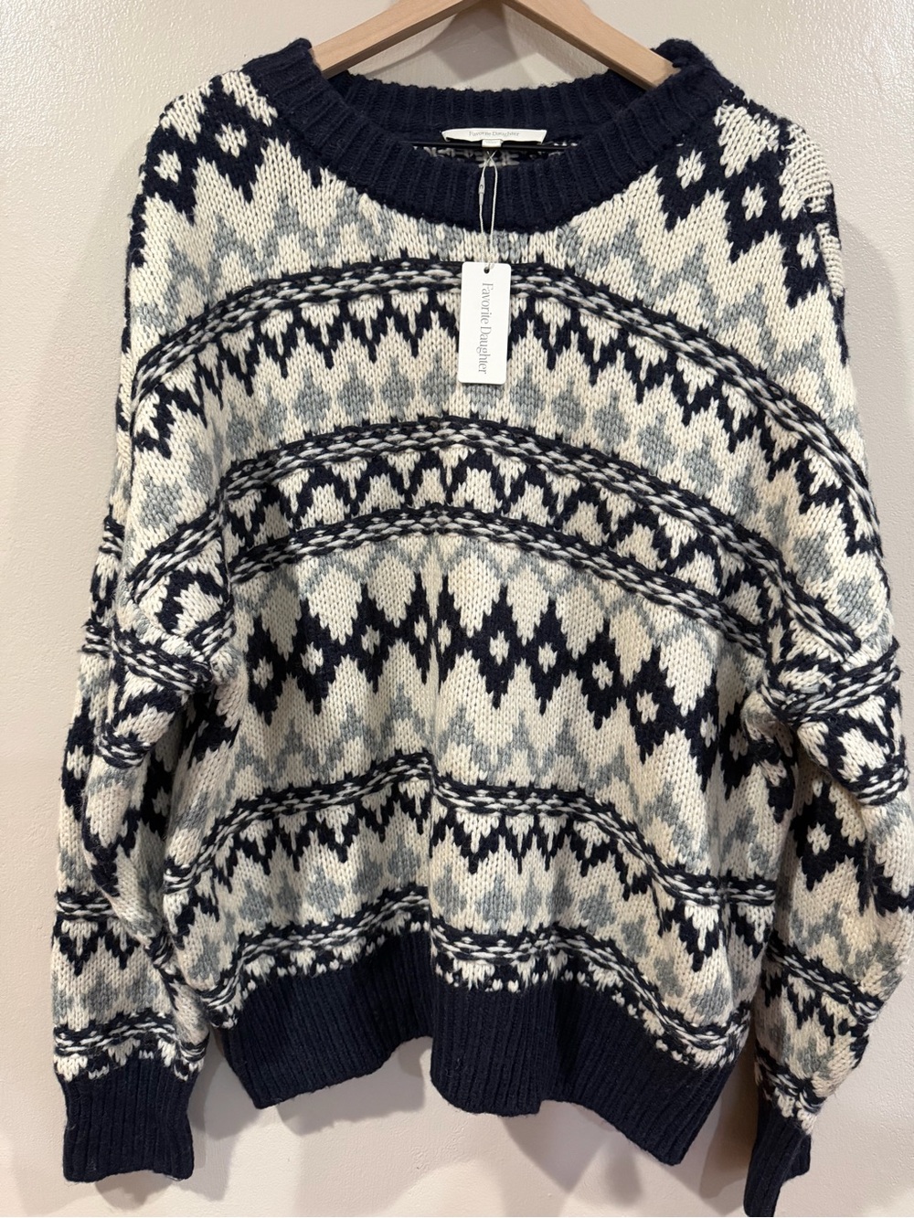 Favorite Daughter NWT Navy & Cream Fair Isle Knit Sweater with Beanie Size Large